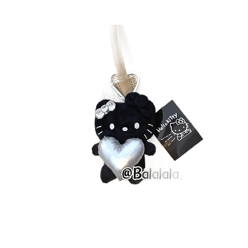 Black Silver Color Matching Love Black Leather Kitty Pendant Schoolbag Love Girl Plush Key Chain Cute Hang Decorations