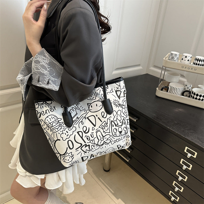 Graffiti Canvas Bag Women's New Casual Shoulder Bag Versatile Large Capacity Commuter Tote