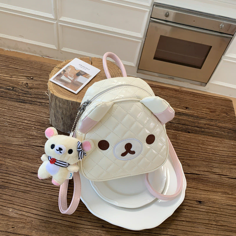 Cute Cartoon Bear Backpack with Quilted Design and Detachable Plush Charm for Daily Use