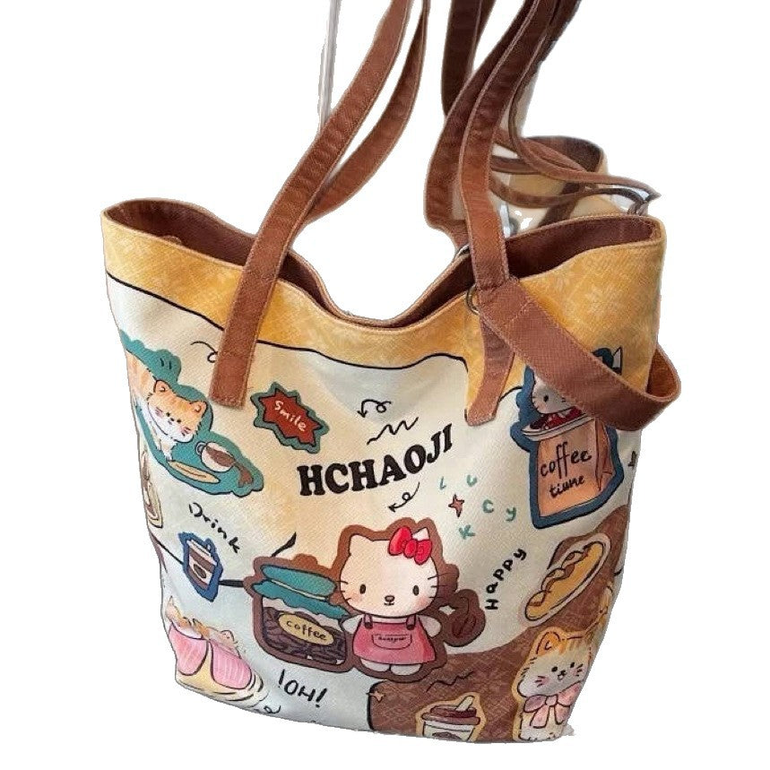 Cute Cartoon Hello Kitty Canvas Bag Women's New Large Capacity One-Shoulder Bucket Bag