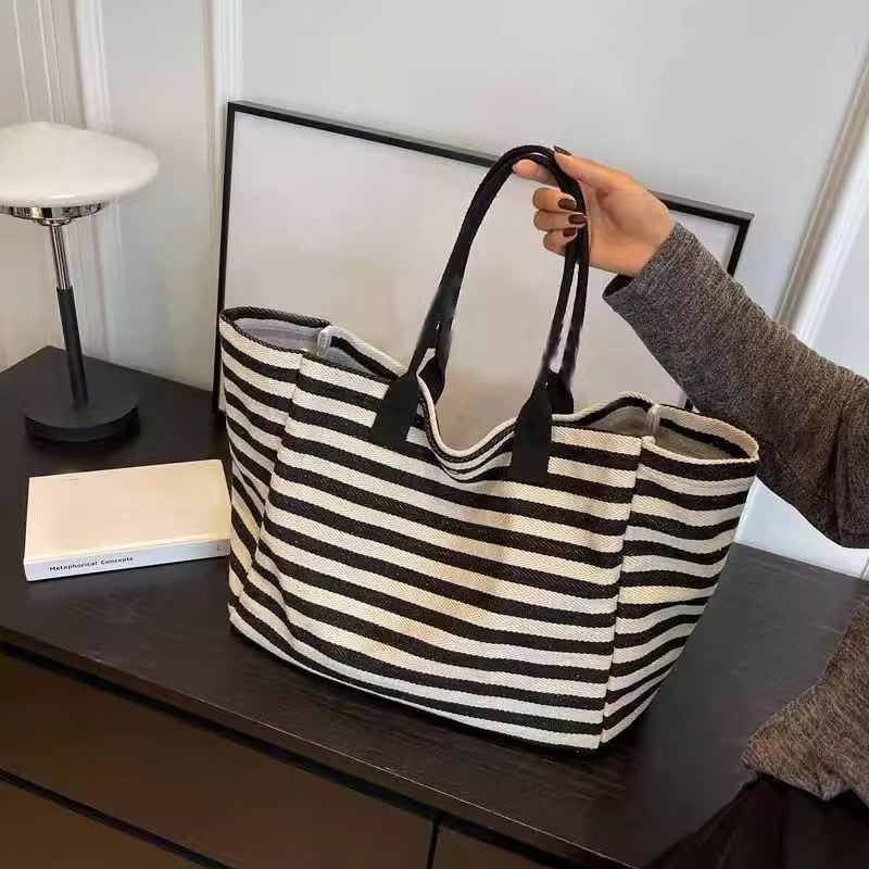 2025 New Striped Canvas Tote Bag for Women, Large Capacity Shoulder Bag with Phone Pocket, Urban Minimalist Style