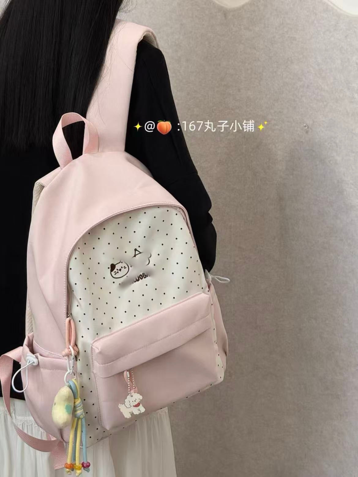 Cute Polka Dot Backpack with Embroidery Design for Girls, Fashionable and Durable School Bag with Front Pocket and Charm