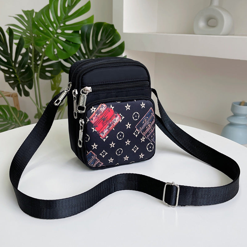 Mini Crossbody Bag with Elephant Print for Women, Lightweight Nylon Phone Pouch with Multiple Pockets and Adjustable Strap