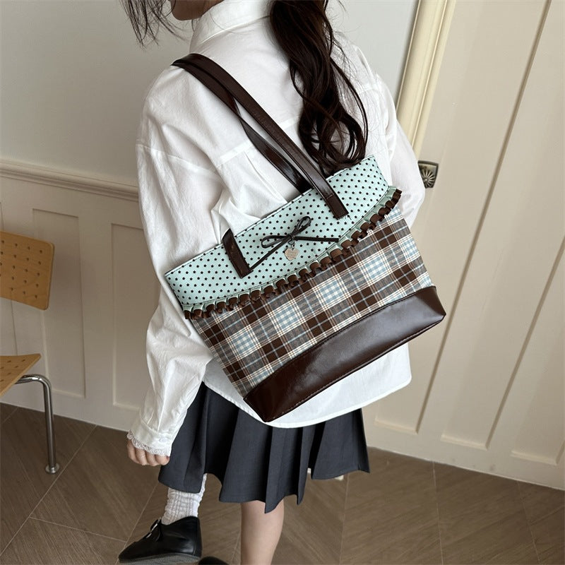 Retro Polka Dot Bow Plaid Tote Bag for Women, Large Capacity Fashionable Shoulder Bag with Elegant Ruffle Design