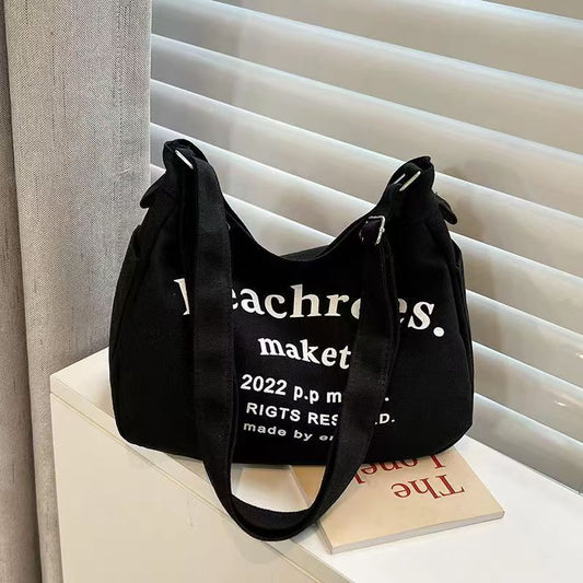 New Letter Canvas Tote Bag for Women, Casual Large Capacity Shoulder Bag with Fashion Print, Perfect for School and Daily Use