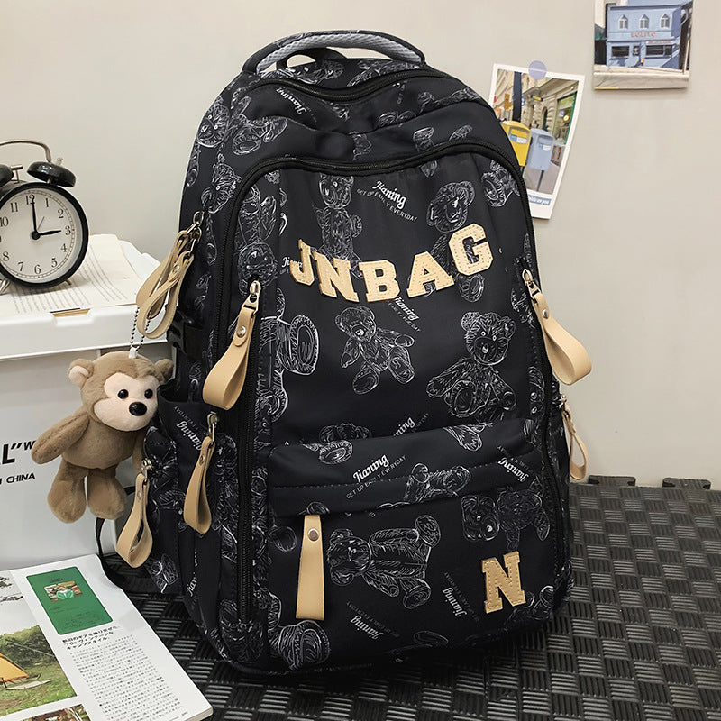 Fashionable Letter Print Backpack for Kids and Students, Breathable Nylon School Bag with Cute Bear Pattern