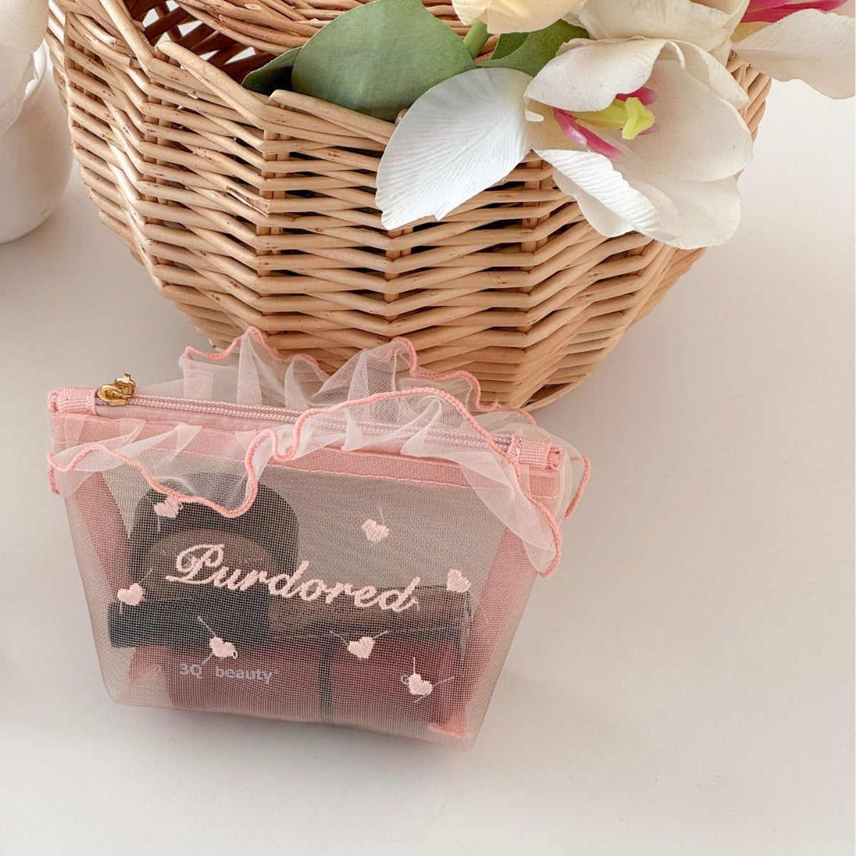 Ruffled Mesh Bag Good-looking Girl's Heart Student Portable Breathable Lipstick Sample Storage Bag