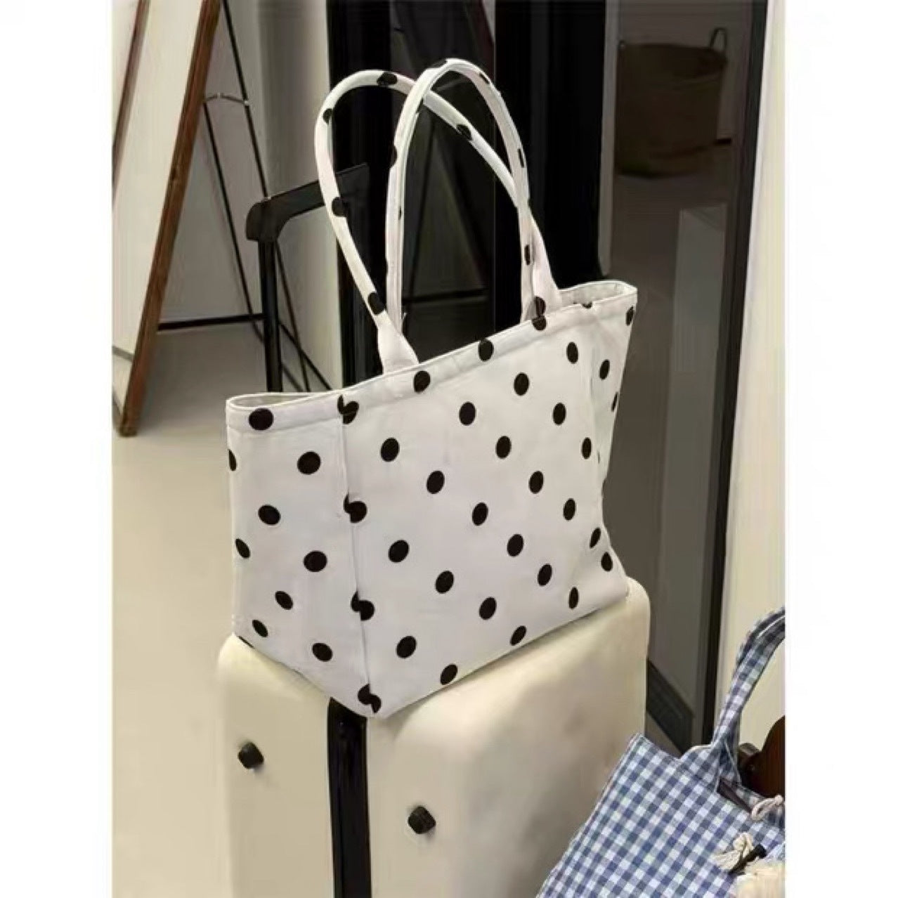 New Korean Style Idle Style Polka Dot Canvas Large Capacity Totes Daily Commuter Travel Storage Essential
