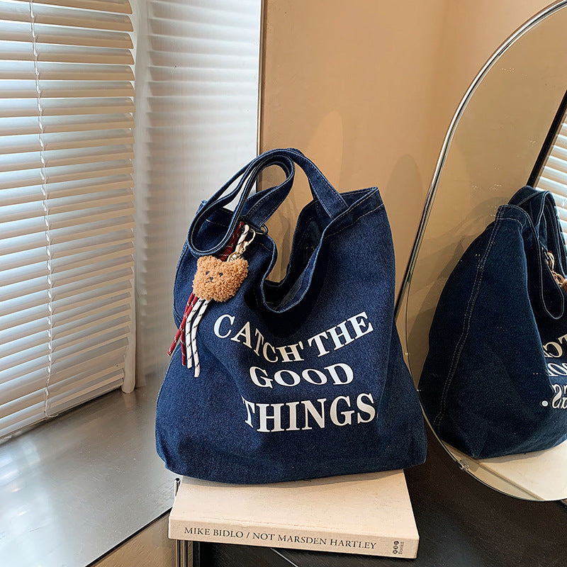 Stylish Denim Tote Bag with Inspirational Quote - Large Capacity Shoulder Bag for Daily Use and Shopping