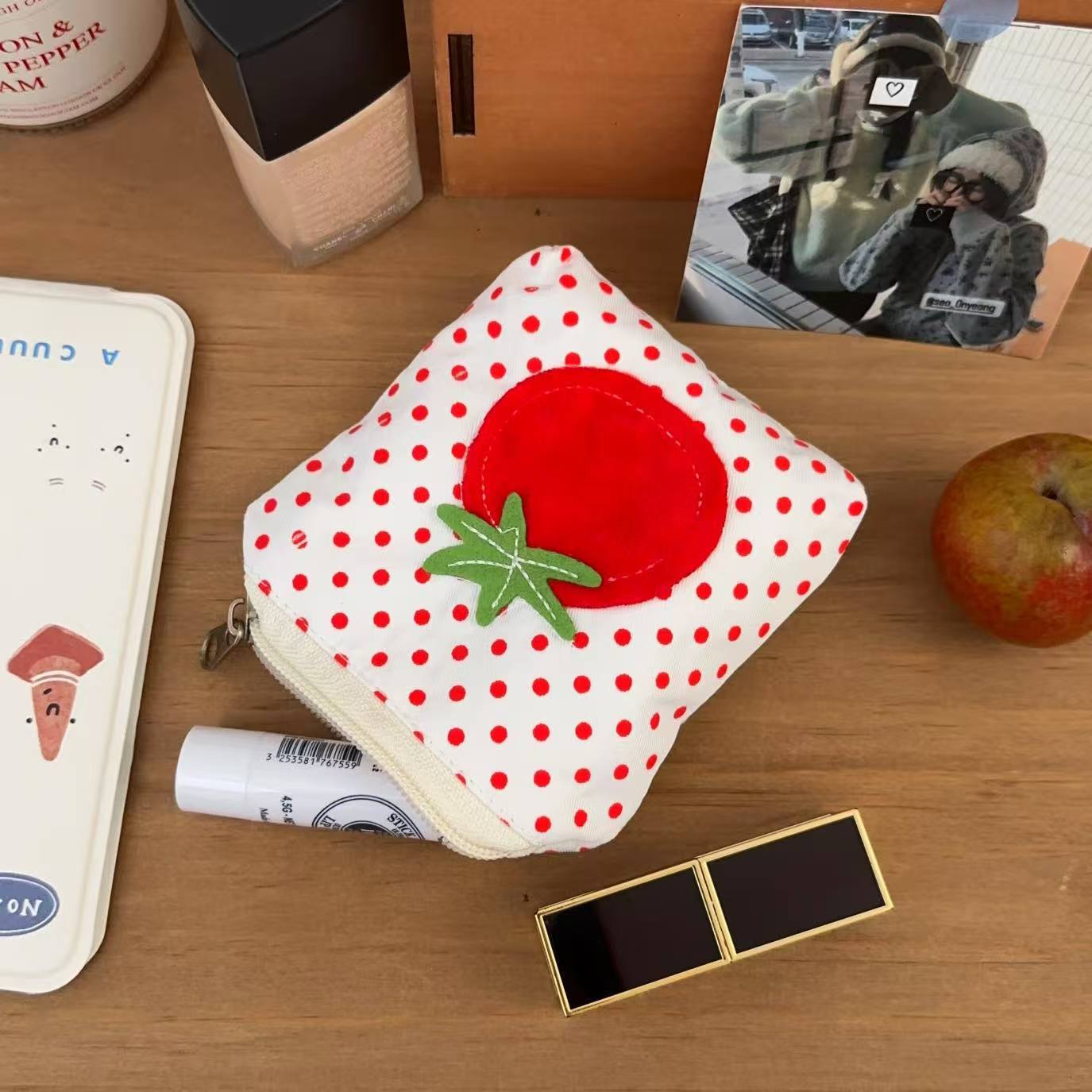 Cute Tomato Polka Dot Mini Pouch for Cosmetics and Earphones, Lightweight and Portable Everyday Accessory