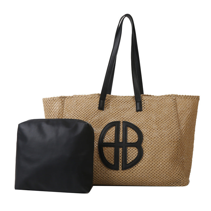 Woven Bag Women's New Partysu Contrast Color Straw Fashion Trendy One-Shoulder Handbag