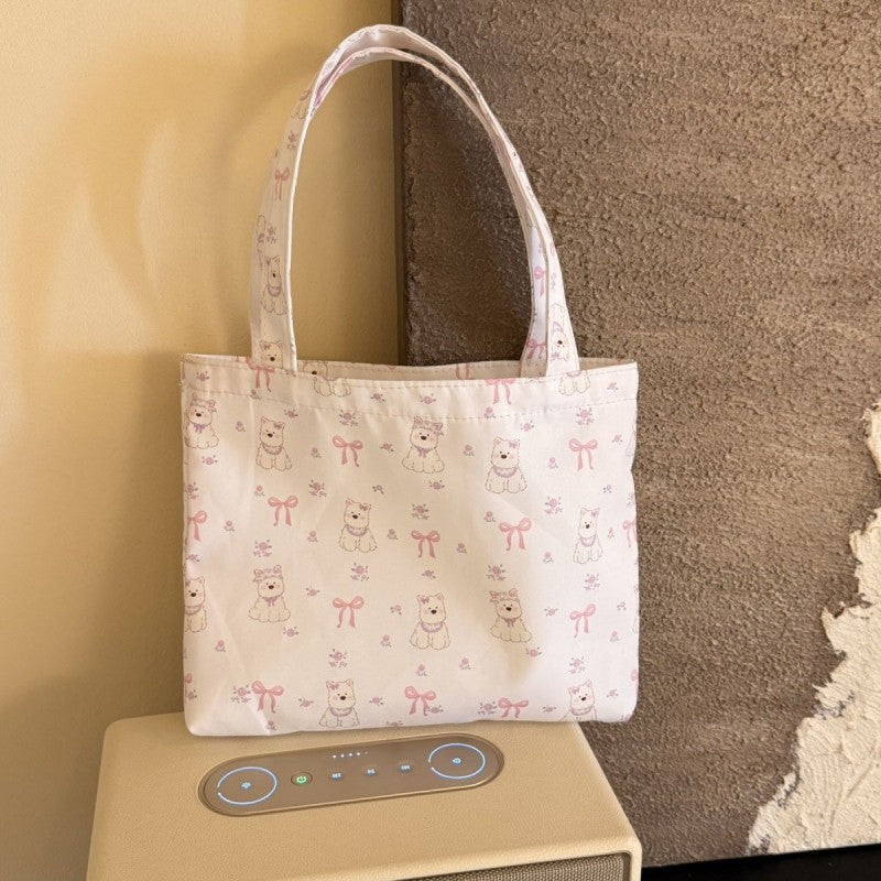 Korean Style Cute Dog Print Tote Bag with Floral Pattern, Perfect for Daily Use and Commuting