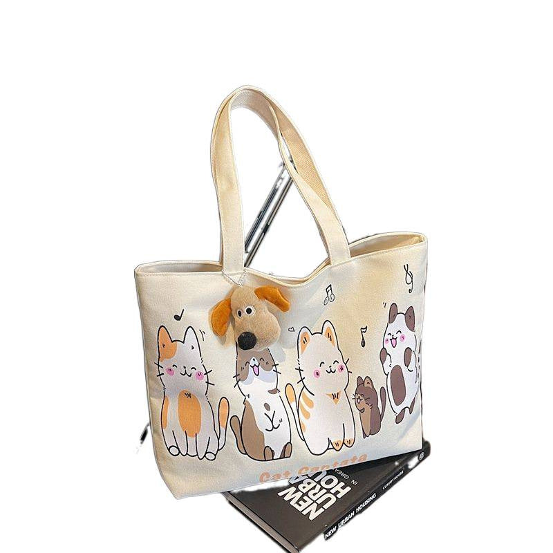 Cute Cat Design Canvas Tote Bag for Women, Large Capacity Shoulder Bag with Cartoon Print and Dog Charm, Perfect for Daily Use and School