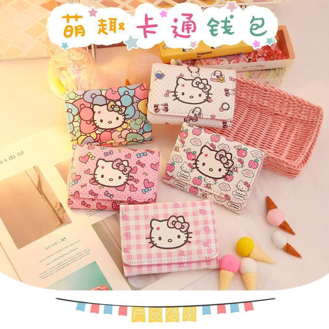 Wallet Female Cute Japanese Style Short Cartoon Fresh Girl Heart Folding Children Princess Hello Kitty Coin Purse