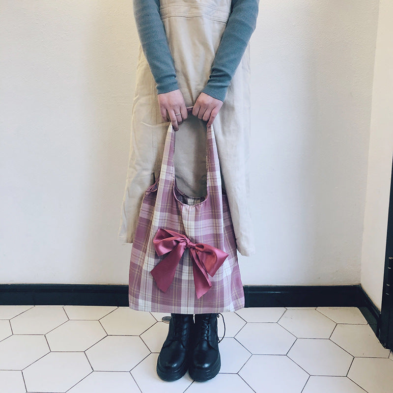 Cute Plaid Tote Bag with Satin Bow for Women, Large Capacity Shoulder Bag, Fresh and Sweet Style