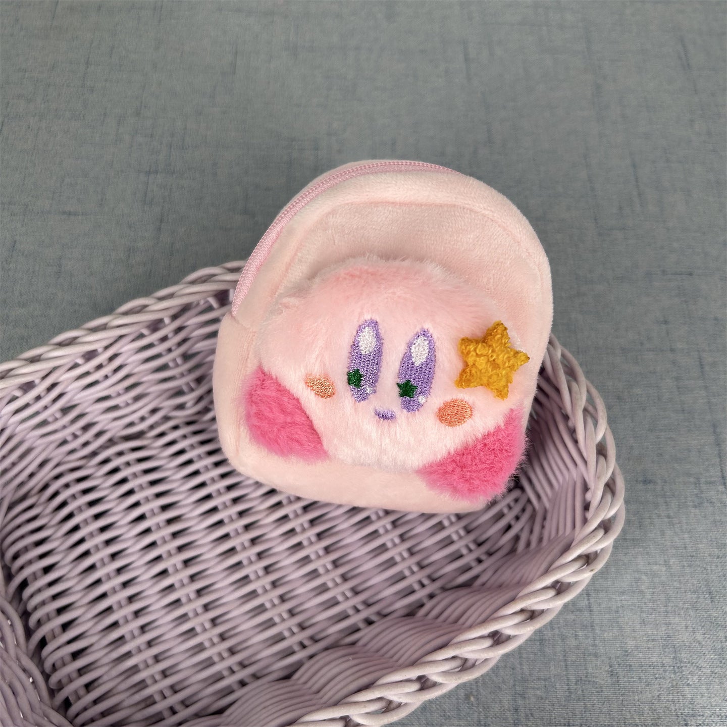 Cute Plush Kirby Character Zipper Pouch with Keychain - Adorable Cartoon Design for Daily Use