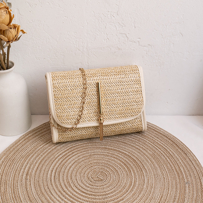 Straw Bag Women's Trendy All-Match Woven Small Square Bag New Tassel Chain Bag