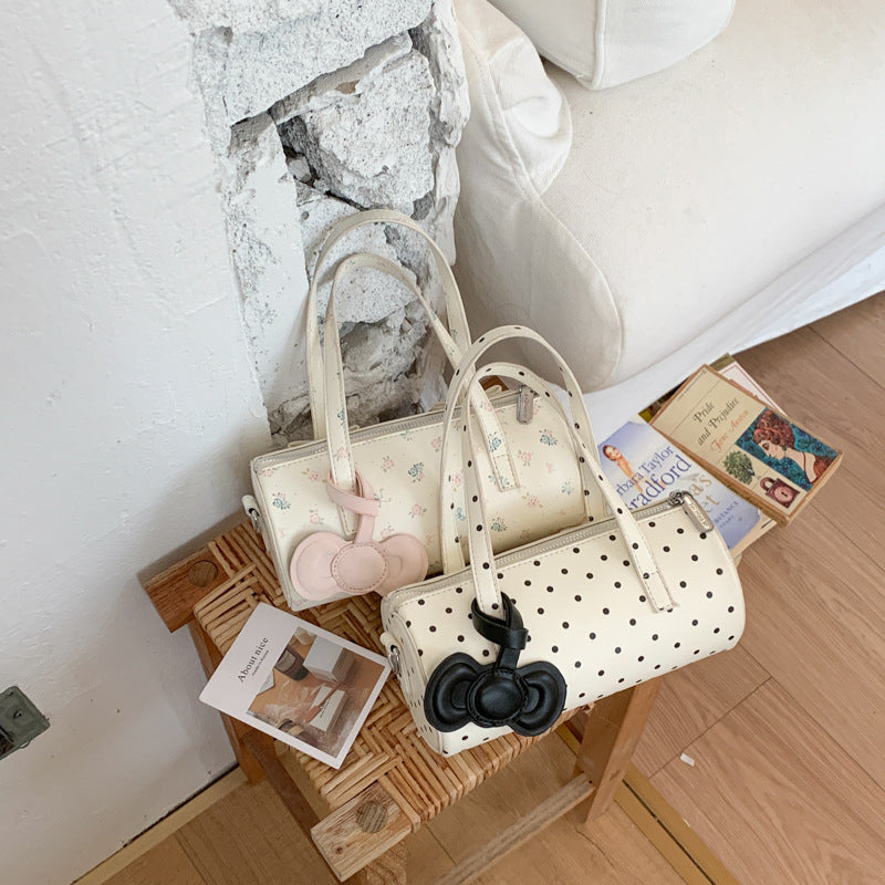 Cute Floral Cylinder Bag with Bow Detail, Fashionable Crossbody Tote for Daily Use