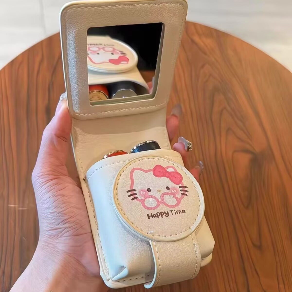 Women's Wallet Cute Hello Kittylipstick Bag with Mirror Portable Cosmetic Bag Travel Makeup Storage Small Bag for Daily Use