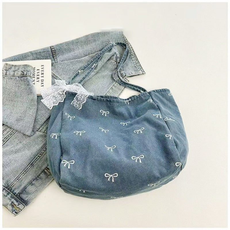 Cute Bow Embroidered Denim Tote Bag for Women, Large Capacity Casual Shoulder Bag with Lace Trim and Inner Pocket