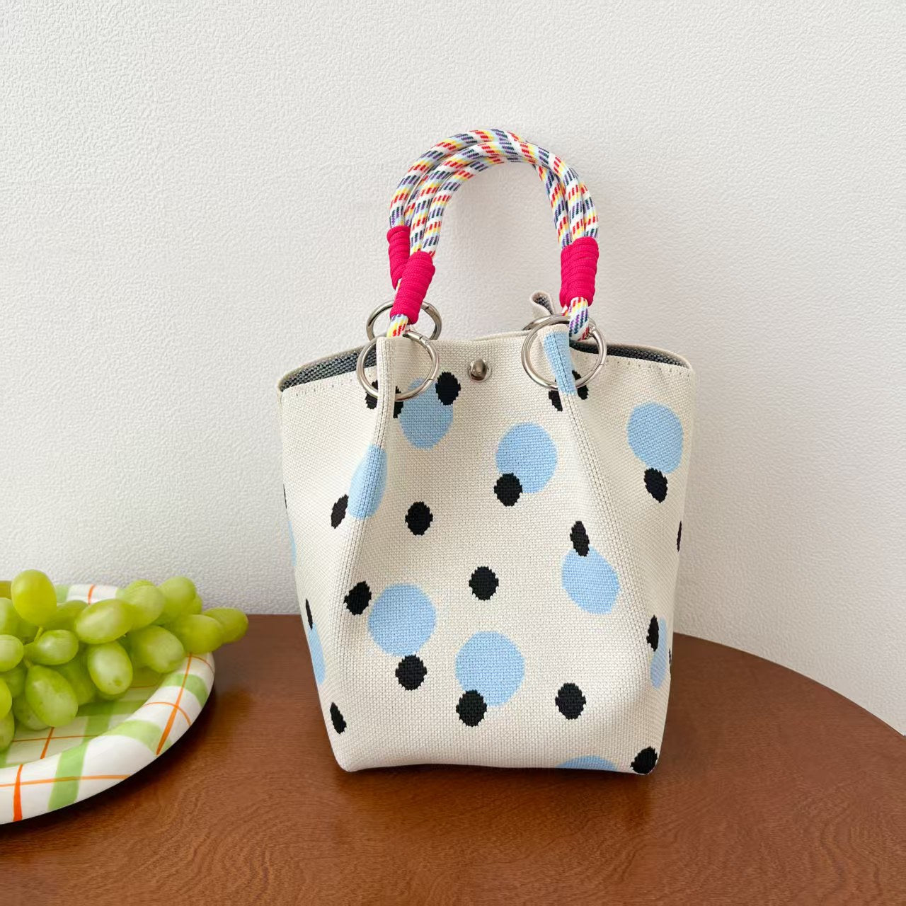 Black and White Rhombus Knitted Tote Bag Women's Casual Versatile Large Capacity Messenger Bag Handbag