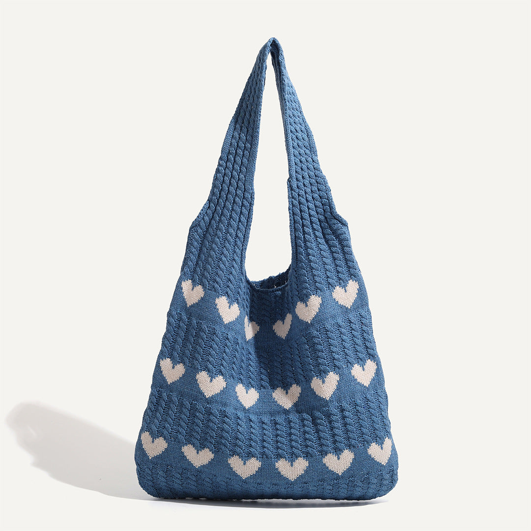 Women's Shoulder Bag Love Pattern Knitted Tote Bag Soft Handmade Shoulder Bag Daily Matching Fashion Tote Bag