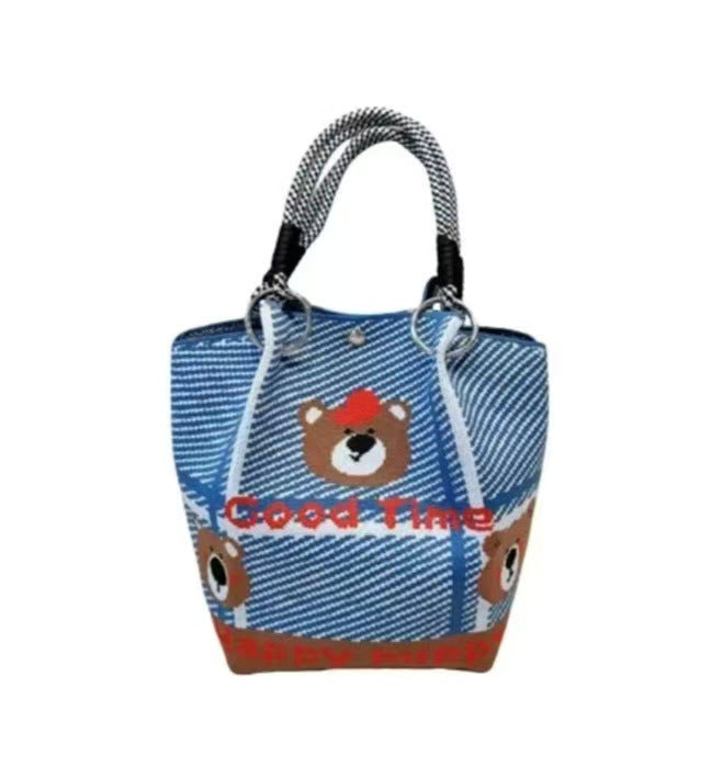 Black and White Rhombus Knitted Tote Bag Women's Casual Versatile Large Capacity Messenger Bag Handbag