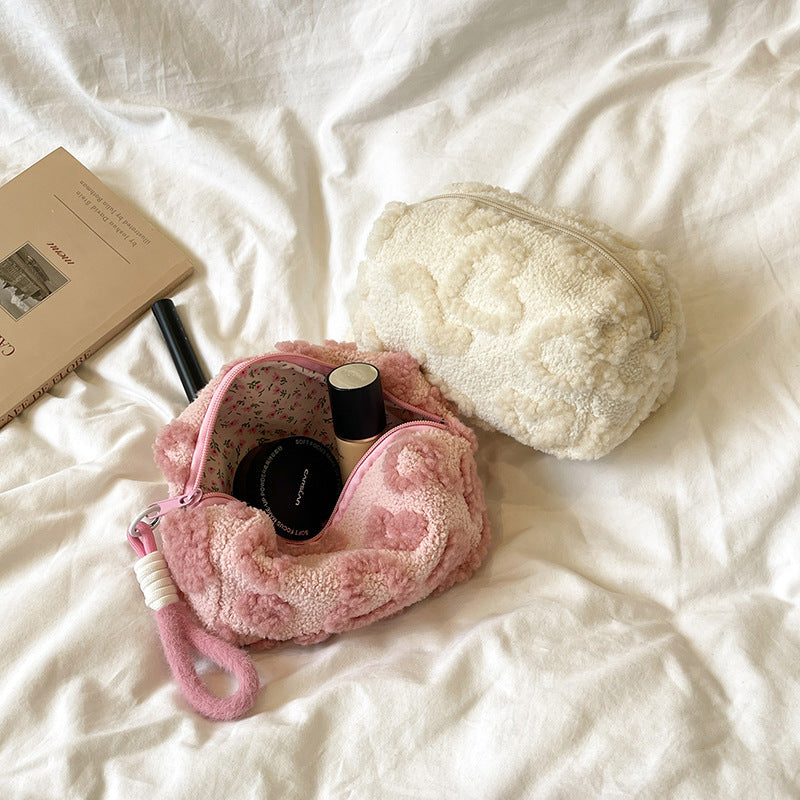 Cute Plush Heart Pattern Cosmetic Bag with Large Capacity and Soft Texture for Daily Use and Travel