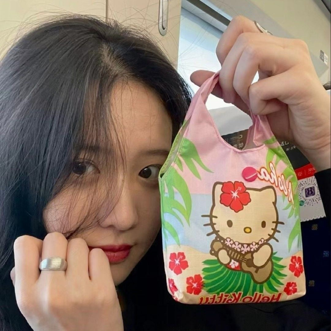 Cute Hello Kitty Mini Crossbody Bag with Plush Charm - Adorable Canvas Shoulder Bag for Daily Use and School
