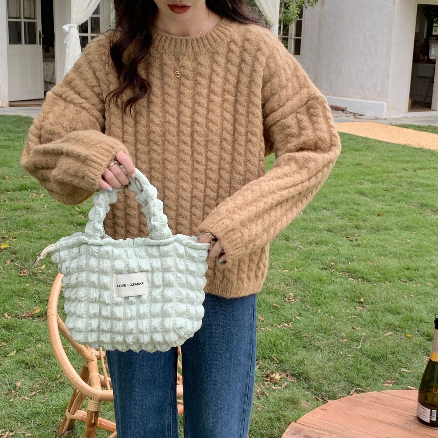 Bubble Handbag Women's Korean-Style Portable Canvas Bag Casual Idle Style Portable Tote Bag