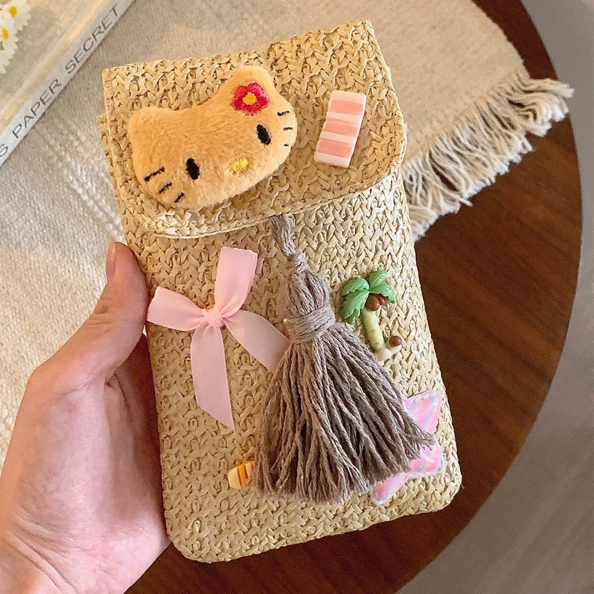 Handmade Crochet Hello Kitty Crossbody Bag for Women, Cute Cartoon Summer Beach Style Phone Pouch with Braided Strap