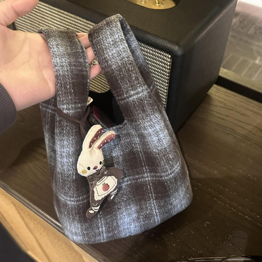 New Plaid Cute Woolen Bag Women's Fashion All-Match Handbag for Going out Bag Woolen Plaid Hand Bag
