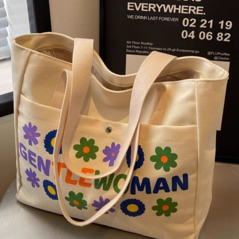 2024 New Large Capacity Tote Bag for Women, Casual Floral Print Canvas Shoulder Bag with Zipper and Inner Pocket, Perfect for Daily Commute and School