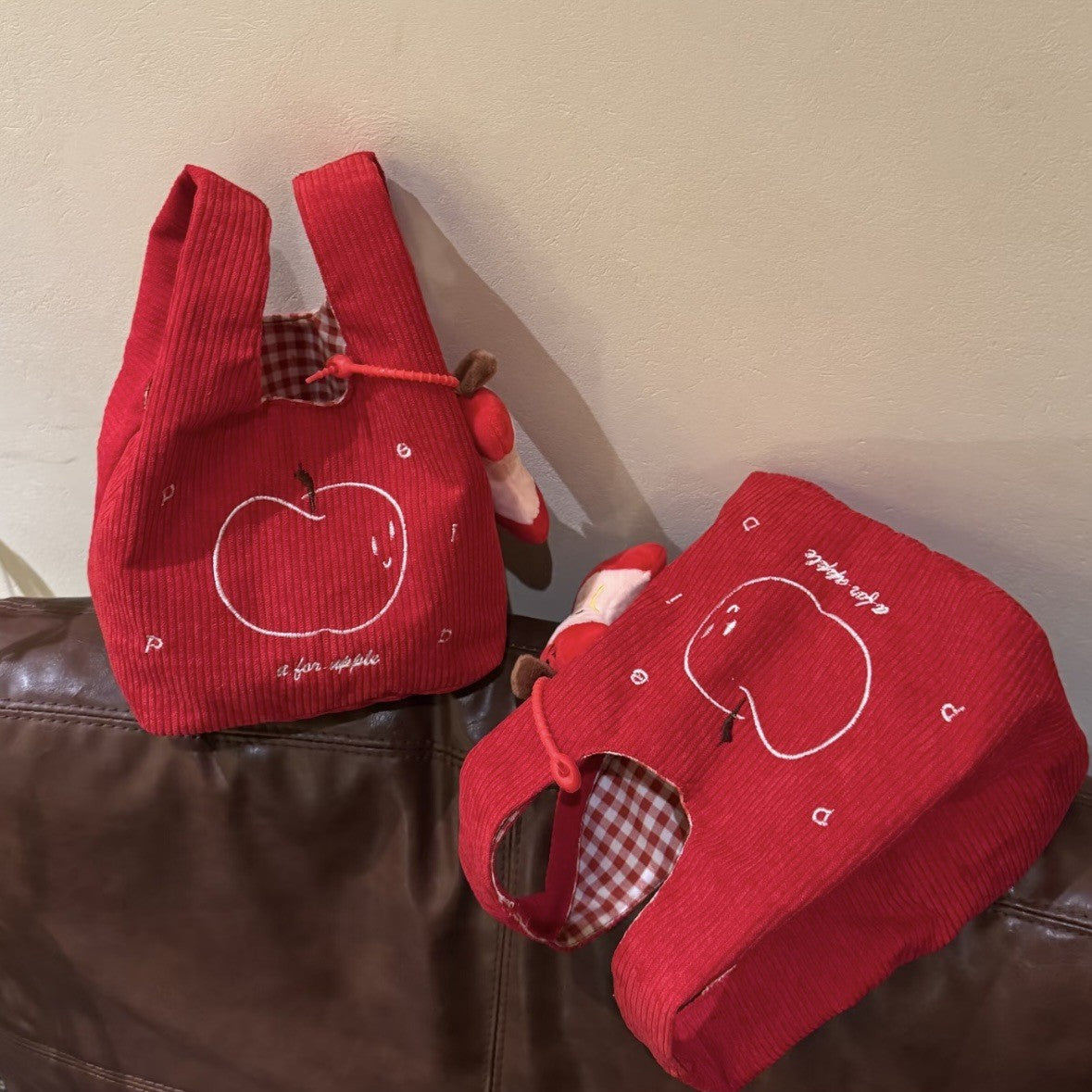 Cute Apple Pattern Corduroy Handbag with Embroidery Design, Perfect for Daily Use and Stylish Outfits