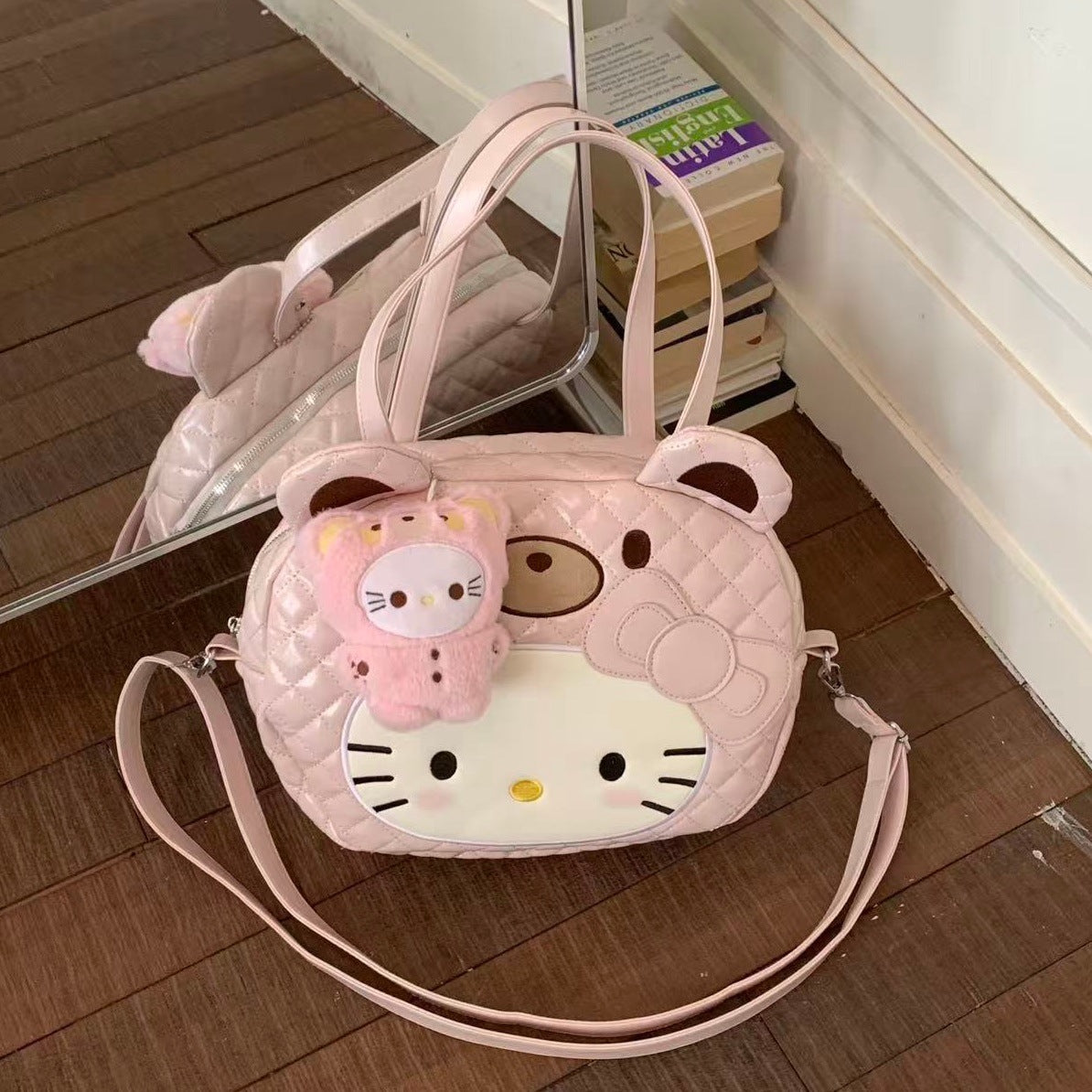 Cute Hello Kitty Quilted Shoulder Bag with Plush Charm, Fashionable and Sweet for Daily Use