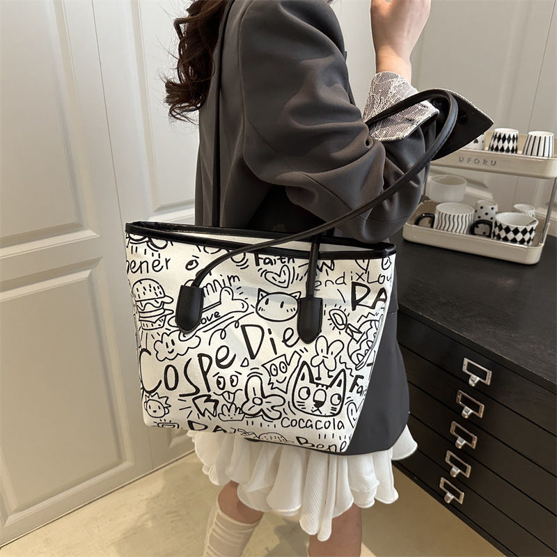 Graffiti Canvas Bag Women's New Casual Shoulder Bag Versatile Large Capacity Commuter Tote