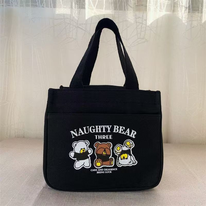 Naughty Bear Three Cute Cartoon Print Canvas Lunch Bag with Zipper Closure and Multiple Inner Pockets for Daily Use