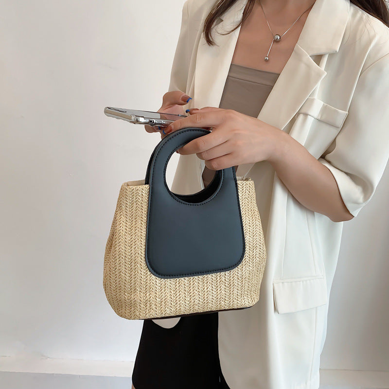 2024 Summer Retro Color-Blocking Woven Tote Bag, Large Capacity Handcrafted Straw Bag, Simple Fashion Shoulder Handbag with Circular Handle