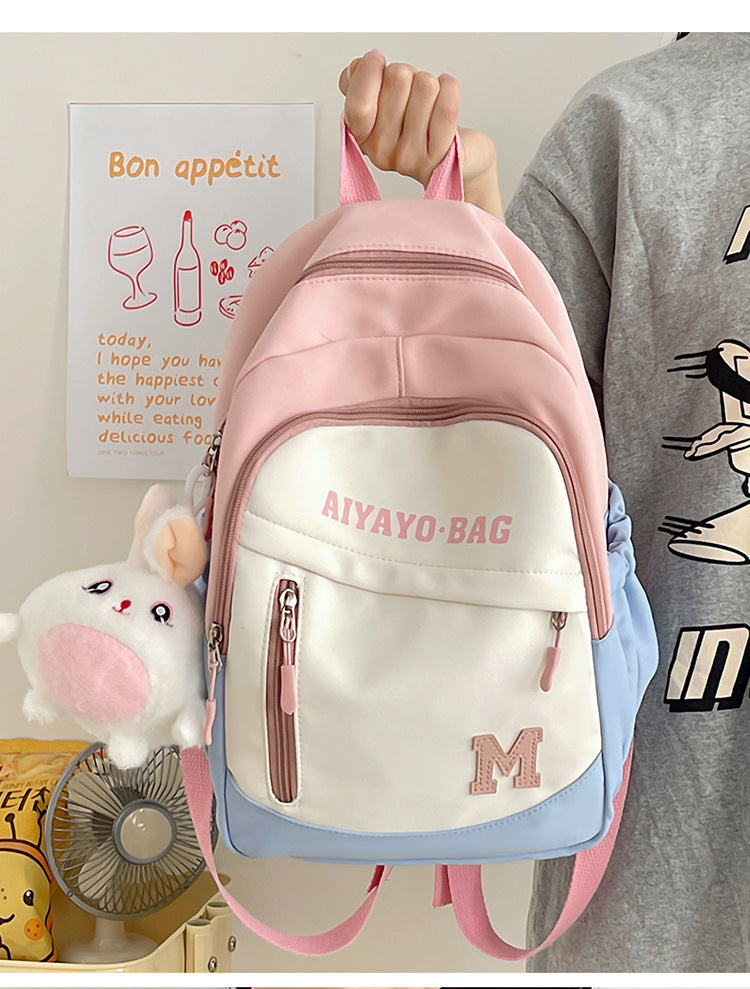 Cute Kids Backpack with Plush Rabbit Charm for School Travel and Spring Outings - Waterproof Oxford Fabric Design