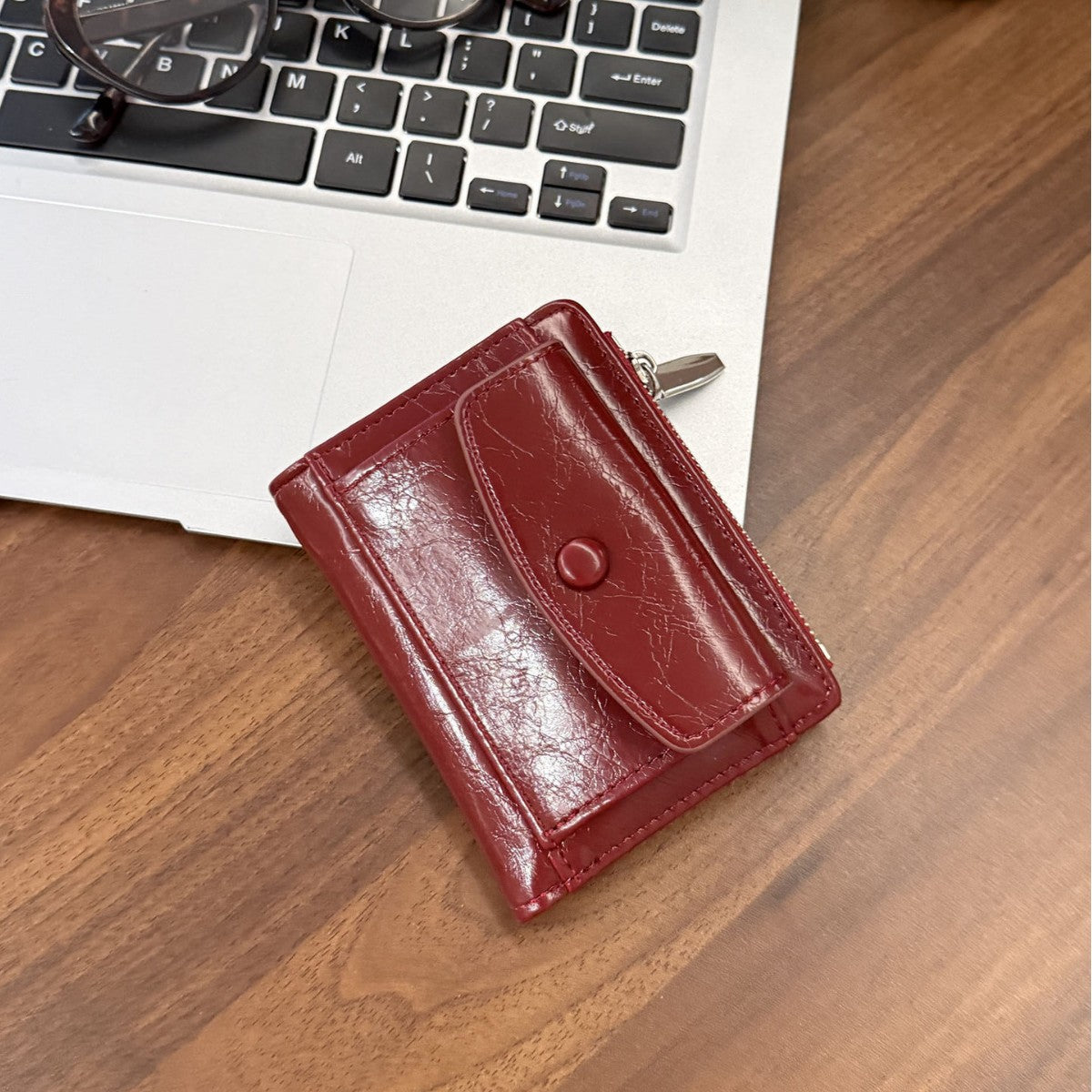 Retro Oil Wax Skin Red Short Wallet Female Multi-Card-Slot Card Holder Student Zipper Multifunctional Wallet