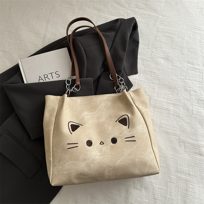 Cute Cat Print Tote Bag with Cloud Charm 2026 Spring New Korean Style Large Capacity Simple Shoulder Bag for Daily Use