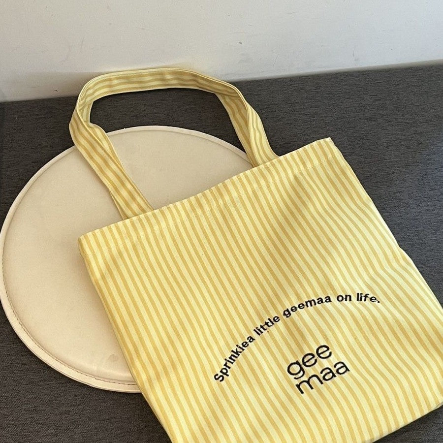 2025 New Striped Canvas Tote Bag with Embroidery Design, Large Capacity Shoulder Bag for Casual Travel and Daily Use