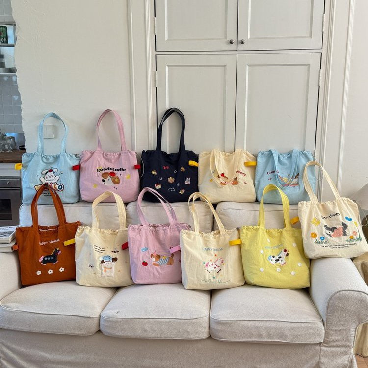 Cute Embroidered Puppy Tote Bag for Women, Large Capacity Shoulder Bag with Drawstring Closure, Perfect for Daily Commute and School