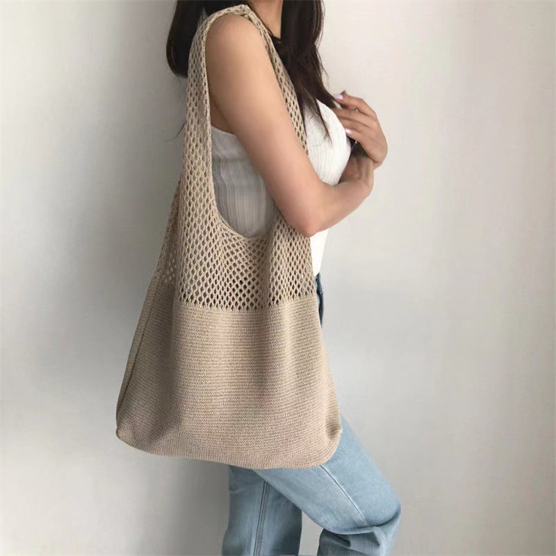 Tote Bag Women's New Korean Knitted Solid Color Shoulder Hollow Large-Capacity Crossbody Bag