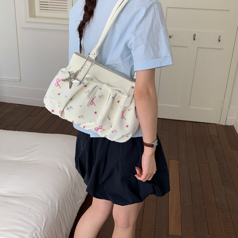Korean Style Large Capacity Shoulder Bag with Pleated Design and Polka Dot Print for Daily Commute