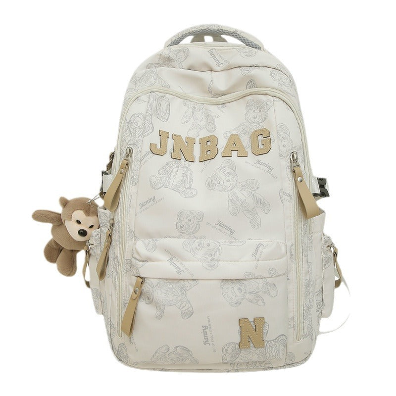Fashionable Letter Print Backpack for Kids and Students, Breathable Nylon School Bag with Cute Bear Pattern