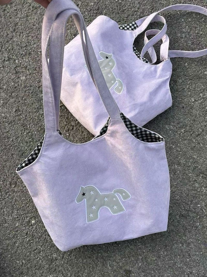 Cute Cartoon Horse Tote Bag for Women, Casual Shoulder Bag with Large Capacity and Inner Pockets, Perfect for Daily Use and School