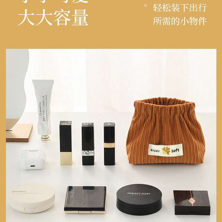 Portable Ribbed Cotton Cosmetic Bag with Elastic Opening for Travel and Daily Use