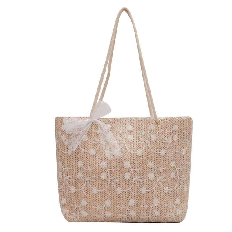 New Korean Style Women's Tote Straw Lace Embroidered Shoulder Bag Large Capacity Fashion Bucket Bag Women's Everyday Joker Handbag
