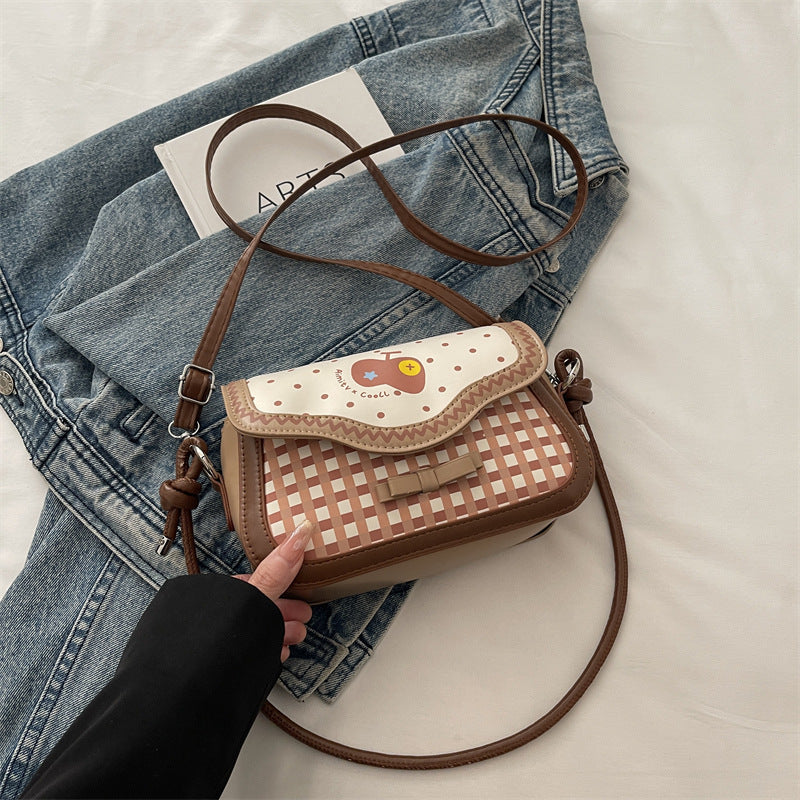 Cute Apple Small Square Bag Urban Simple Style Plaid Bow Design Fashionable All-Match Shoulder Messenger Bag